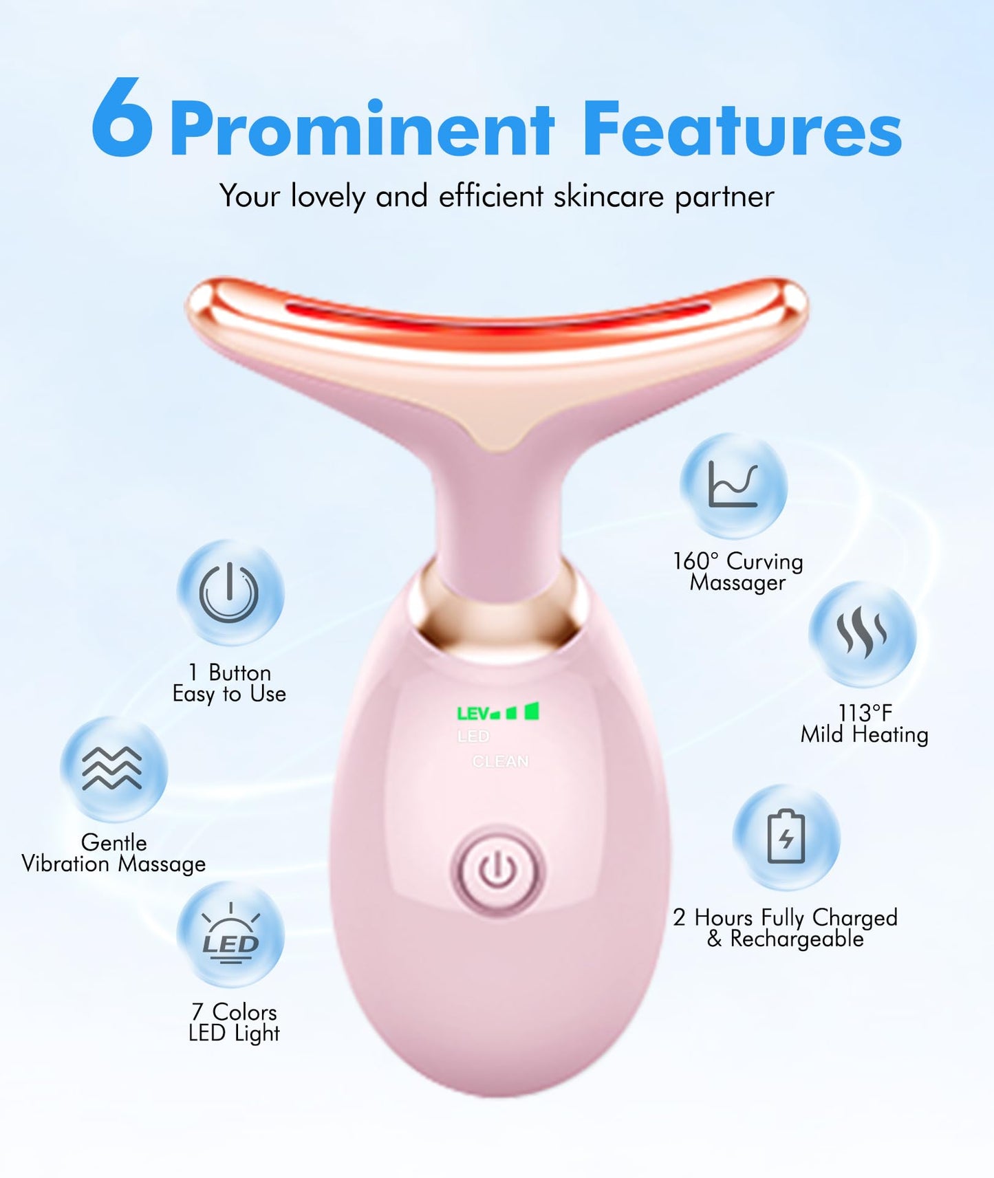 Red-Light-Therapy-for-Face-and-Neck, 7 Color Face Massager Tool for Wrinkles, Double Chin, Vibrating Facial Massager with Thermals for Skin Care, Glossy Pink