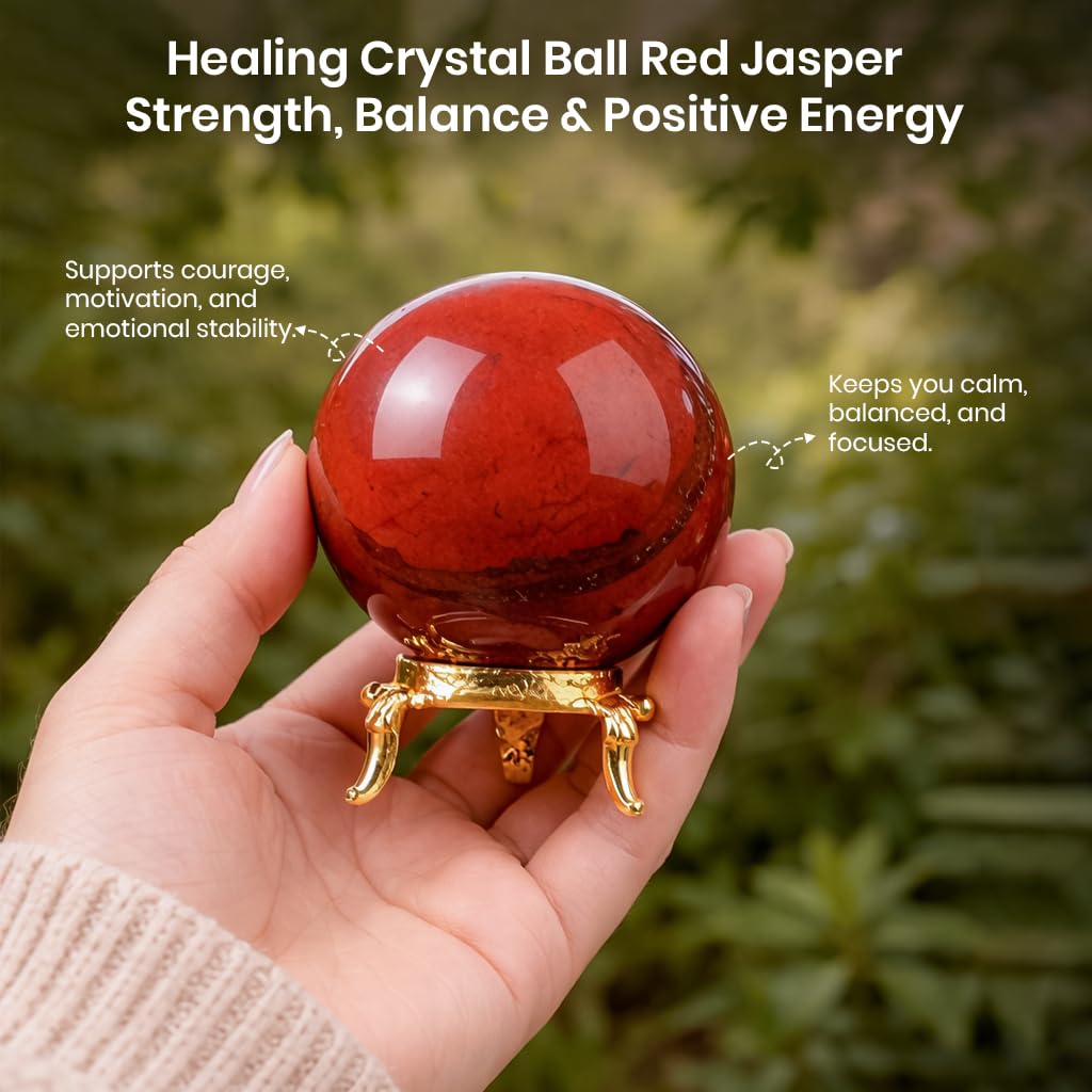 Crocon 55mm Red Jasper Stone Sphere Ball with Metal Stand 1400+ Carats Gemstone Ball Healing Sphere Sculpture Figurine for Fengshui Divination Home Decoration Photography Crystal Sphere