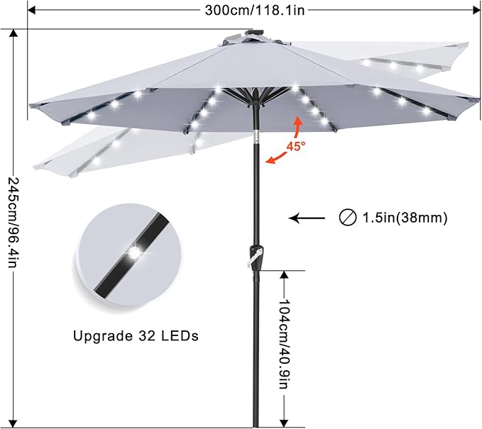 ABCCANOPY 10FT Durable Solar Led Patio Umbrellas with 32LED Lights (Gray)