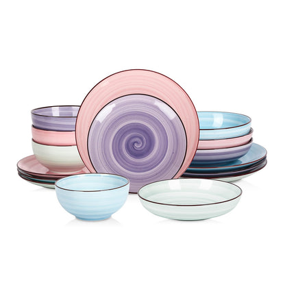 Selamica Ceramic 16-Pieces Dinnerware Set, Ceramic Dishes Set for 4, Kitchen Plates and Bowls Sets, Dinner Plates Set, Spray Black Dots, Gradient Color