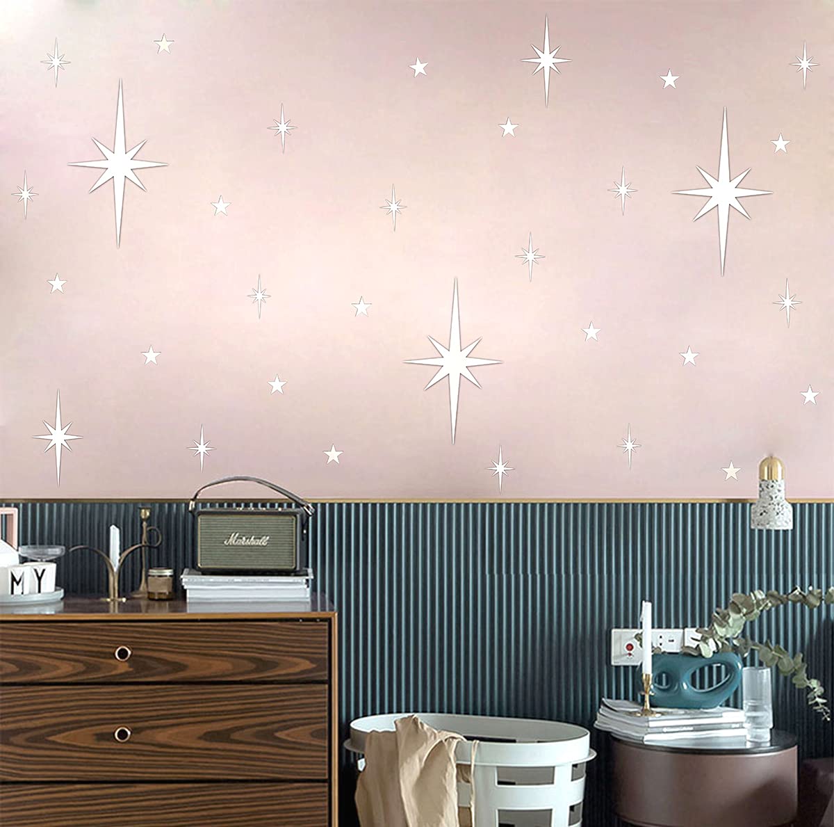 Easma Retro Starburst Mirror Wall Decals Silver 3D Acrylic Sparkle Wall Decors Star Walls Stickers Removable Stars Decals Bathroom Bedroom Living Room Home Walls Decors(123pcs)