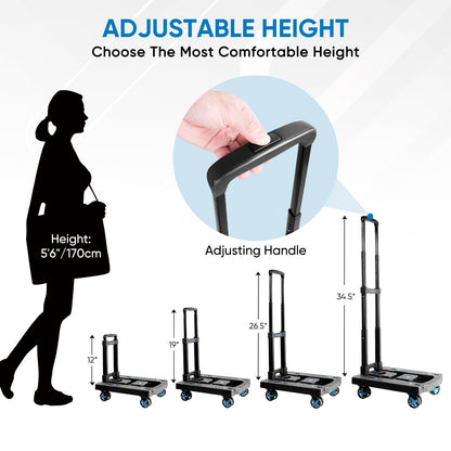 TICONN Folding Portable Dolly Cart, Black, 4-Wheel, 110 lbs Capacity, Adjustable Handle, Silent Wheels