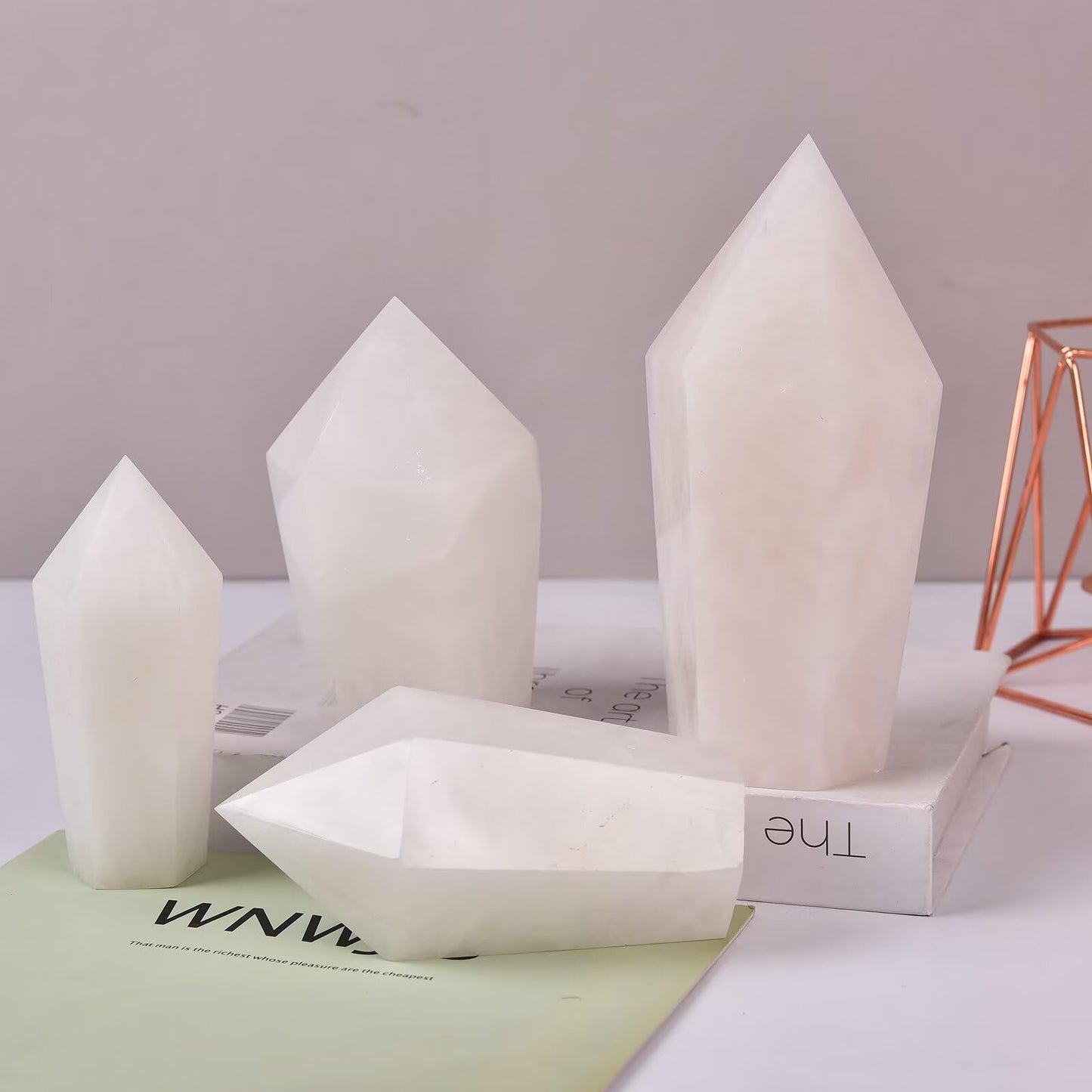 VIZYTOU White Crystal Stone Tower Obelisk Large Healing Crystal Rock Point Wand Reiki Healing Meditation Stone 1.1-1.7 LBS