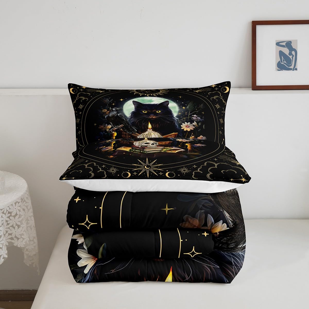 Trippy Cat Comforter Set Full Size,Sun and Moon Kids Quilt Set Gothic Sugar Skull Crow Print Bedding Set for Girls Boys Adult Room Decor,Exotic Daisy Floral Duvet Insert,2 Pillowcases,Black