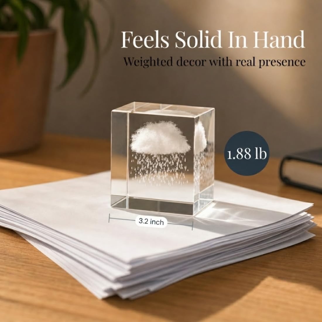 Crystal Cloud Rain Cube - 3D Laser Engraved Paper Weight - Aesthetic Cute Glass Sculpture for Desk Shelf Sitter Decor, Office - Small Gifts Accessories for Coworkers Stress Relief (Rain Cloud 3.2")
