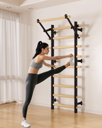 Cofiyard Swedish Ladder Wall Gym, Wooden Wall-Mounted Stall Bars with Pull-up Bar & Exercise Straps & Dip Bars, Stretching Ladder Full Body Home Gym Adults New