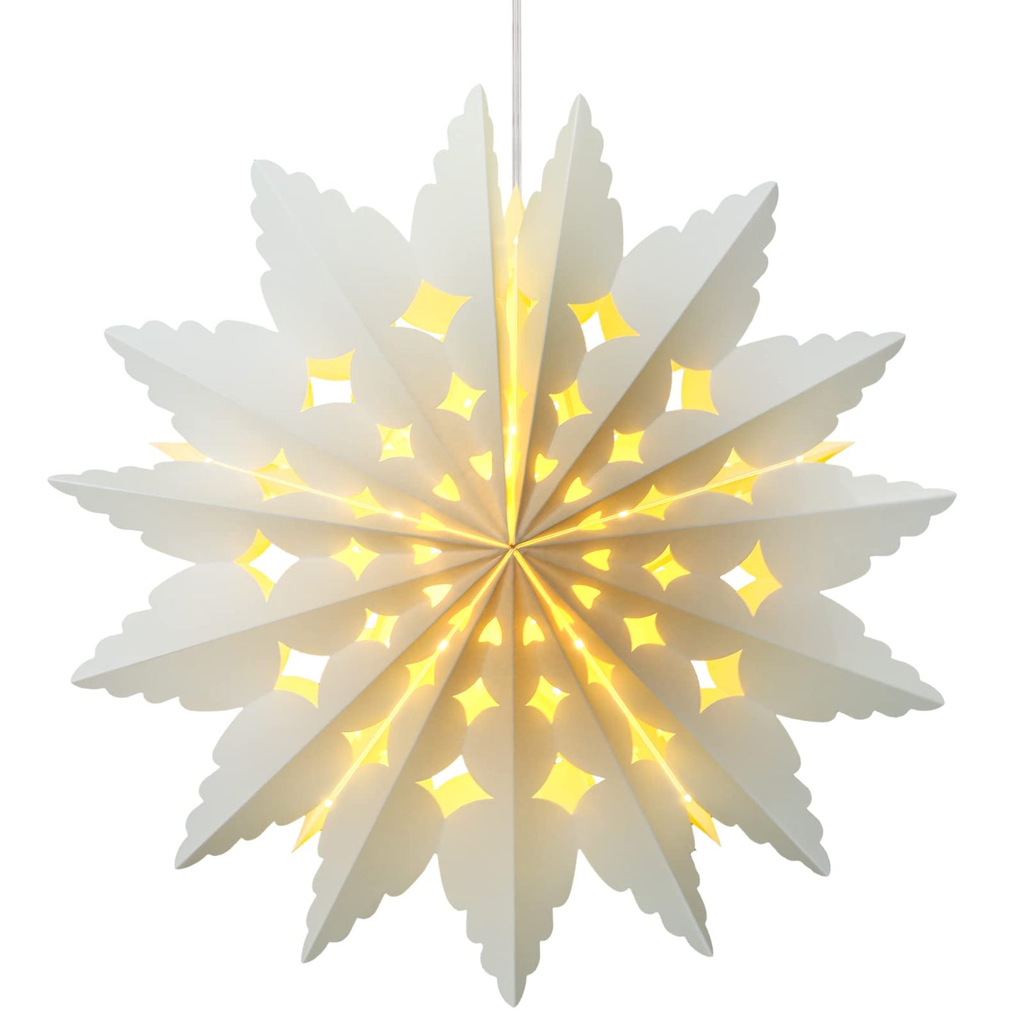 23.6 Inch Christmas Star Snowflake Paper Lantern with Light Timer Paper Lamp Party Supplies Hanging Decoration for Weddings Christmas Trees Birthday Holiday Party Celebration (Elegant Style)