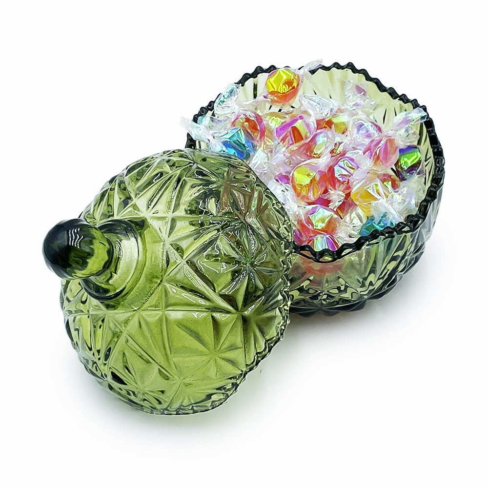 EWEIGEER Colorful Crystal Glass Candy Snack Barrel Storage Jar Embossed Luxury Cookie Buffet Canister With Lids Jewelry Box Jar Biscuit Containers(Olive Green Color)