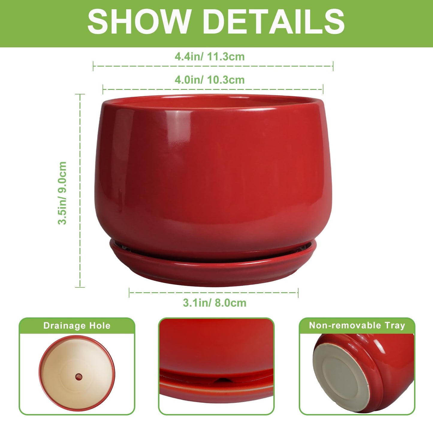 G EPGardening Ceramic Pots for Plants - 4 inch Succulent Pots Indoor Outdoor, Small Planter with Drainage Hole & Tray, Modern Flower Pot, Decorative Round Planter, Living Room Decor, Home Gifts, Red