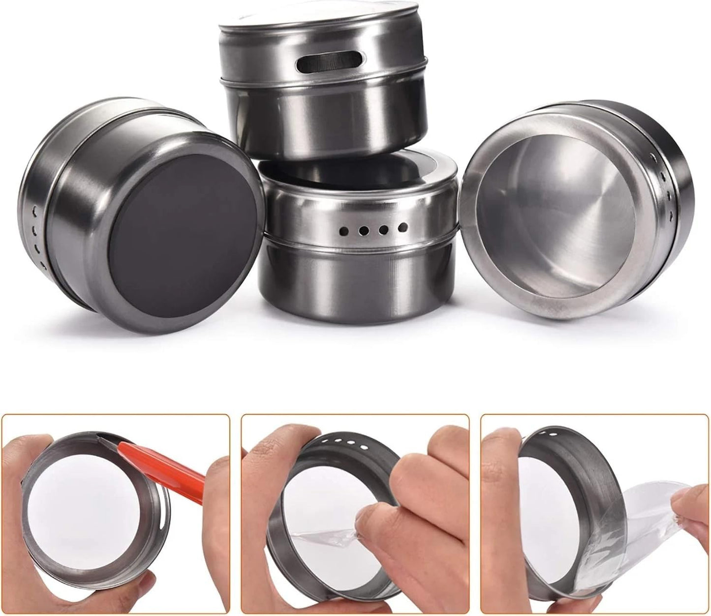 Magnetic Spice Jars with Lid - 4 Pack Stainless Steel, Strong Hold for Fridge & Grill, Adjustable Sprinkle, Easy Refill (Silver)