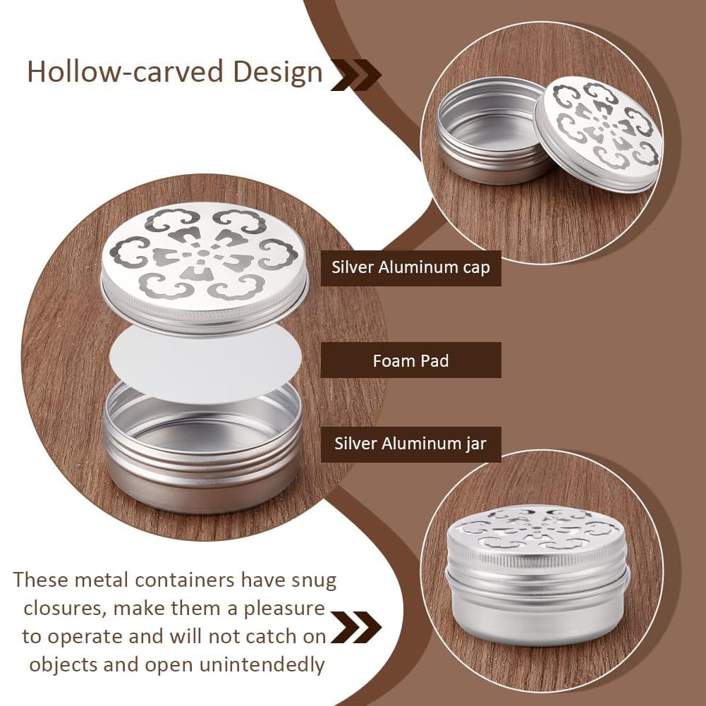 PH PandaHall 12pcs Air Freshener Tins 3 Style Scent Beads Container 2 Ounce Aluminium Metal Container Empty Storage Tins with Hollow Lids for Aromatherapy Air Freshener Travel Storage 2.68x1.36 inch
