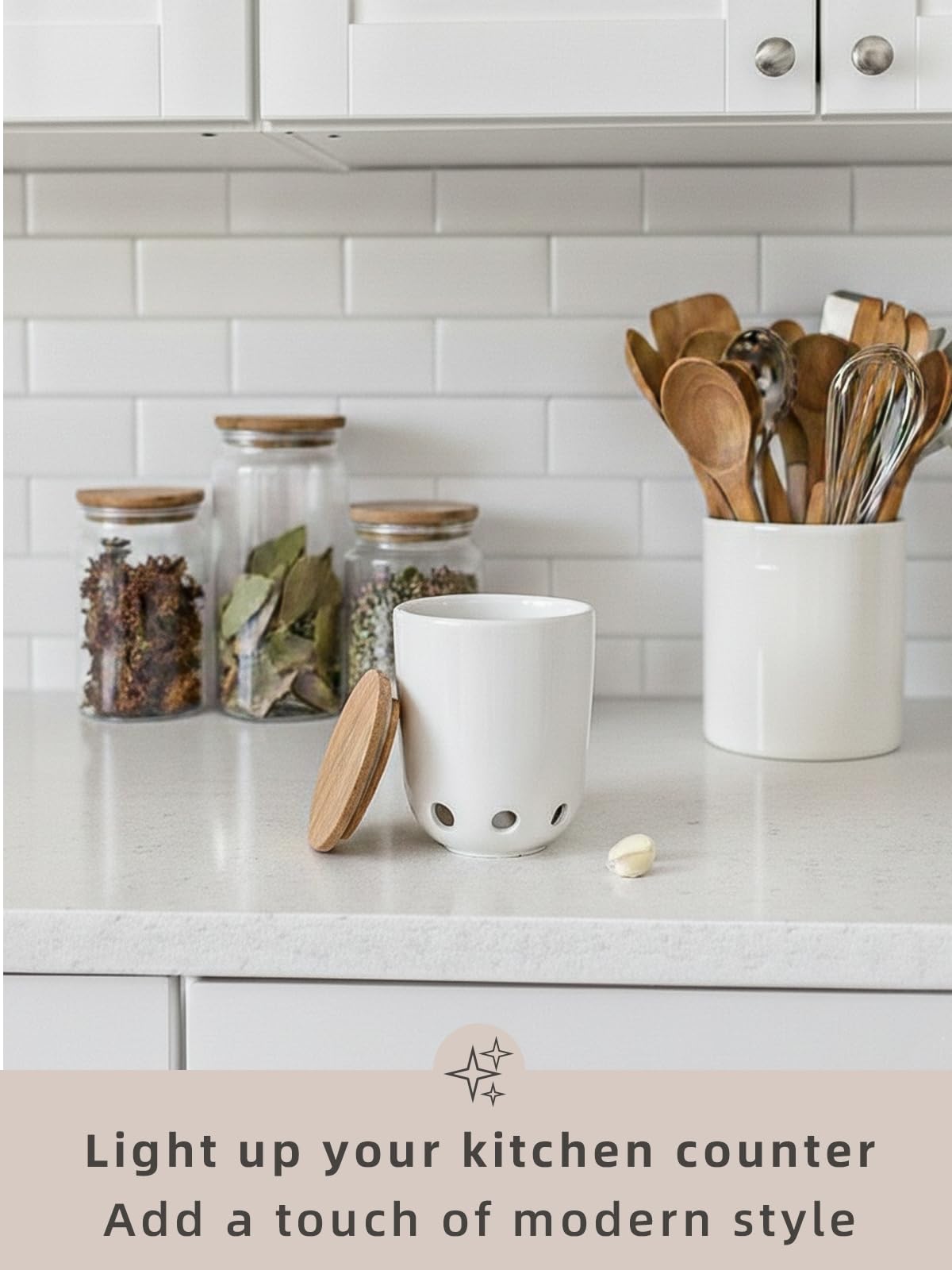 LEETOYI Ceramic Garlic Keeper for Counter, Garlic Holder with Wood Lid (White)