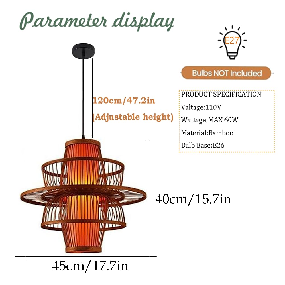 HAIIQU Traditional Antique Bamboo Pendant Light Chinese Bird Cage Hanging Ceiling Lamp with Red Imitation Parchment Lampshade Large Wicker Restaurant Cafe Corridor E27 Decor Light Fixture 17.7"