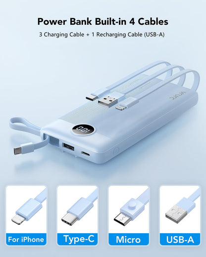 VRURC Portable Charger with Built in Cables, Slim Power Bank 10000mAh, USB C Battery Pack Travel Essential, 5 Outputs 2 Inputs Phone Charging Bank for iPhone 16 15 14 13,Samsung,Android-Black(1 Pack)