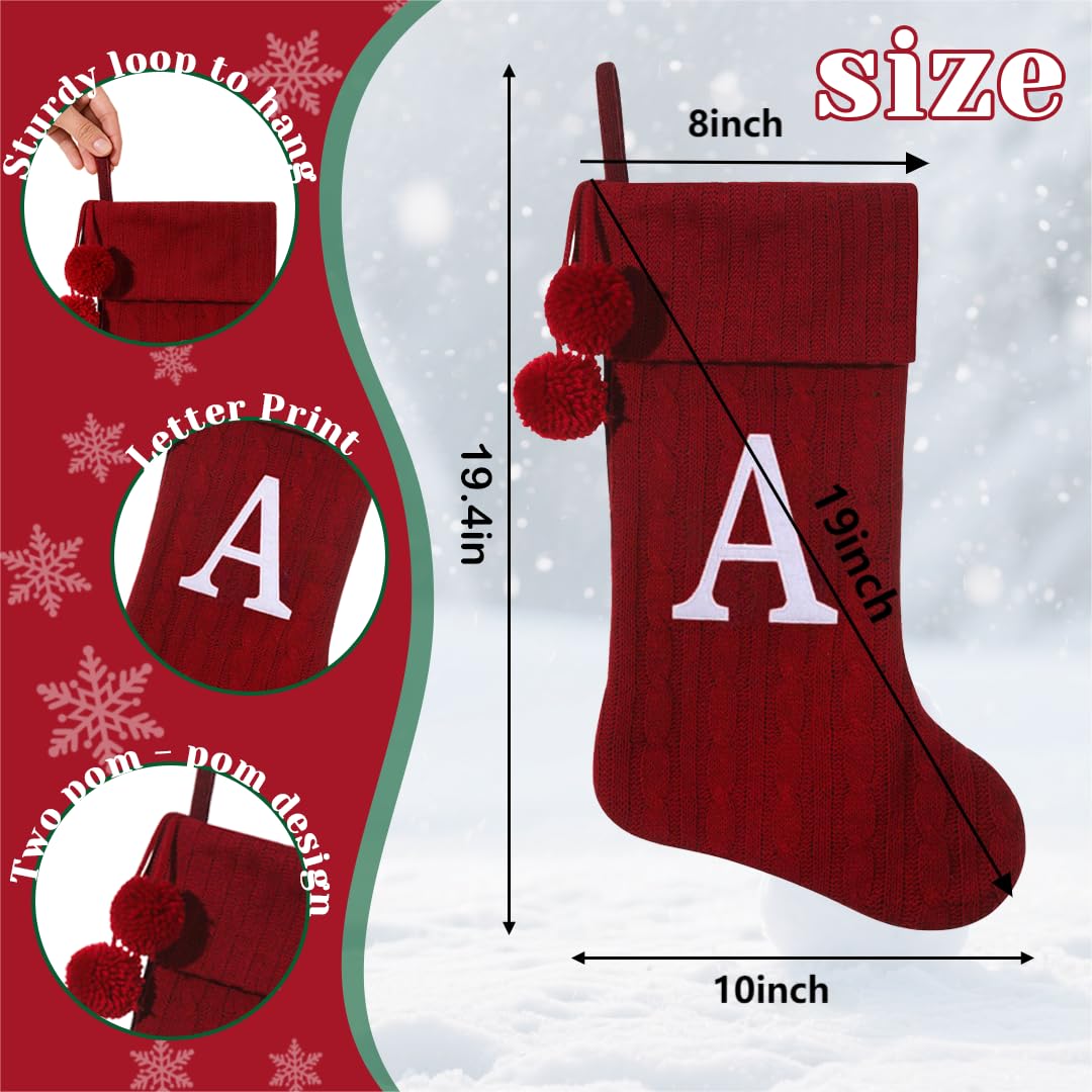 Pxniy Personalized Christmas Stocking 19 Inch - Burgundy Cable Knit with Monogram Embroidery & Pom Poms, Family Fireplace Hanger for Holiday Decor, Burgundy Letter B