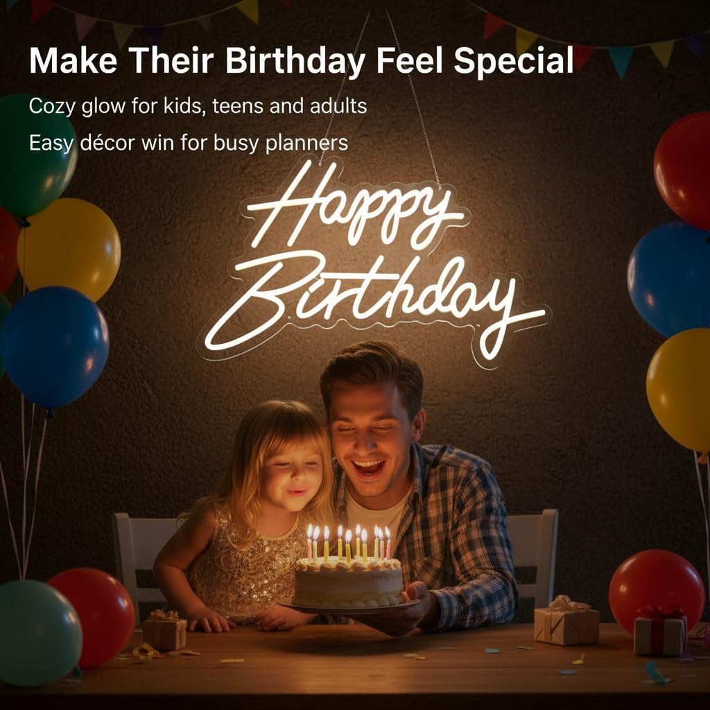 HMT Happy Birthday Neon Sign USB Powered 19.6×11.8 Inch Large LED Light Up Sign for Backdrop & Birthday Party Decor