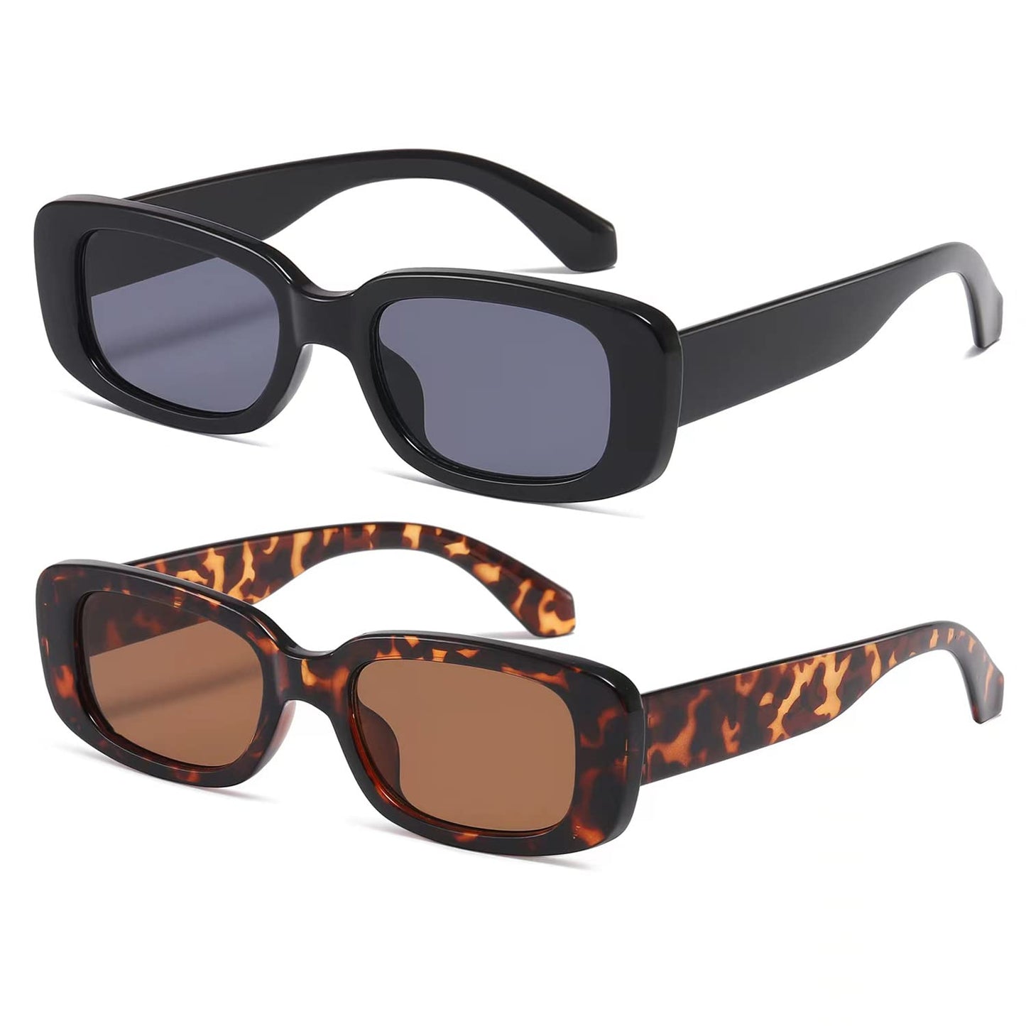 kimorn Rectangle Sunglasses for Women Men Trendy Retro Fashion Glasses 90’s Vintage UV 400 Protection Square Fram K1200 (Black Frame Grey Lens+leopard Frame Brown Lens, 65)