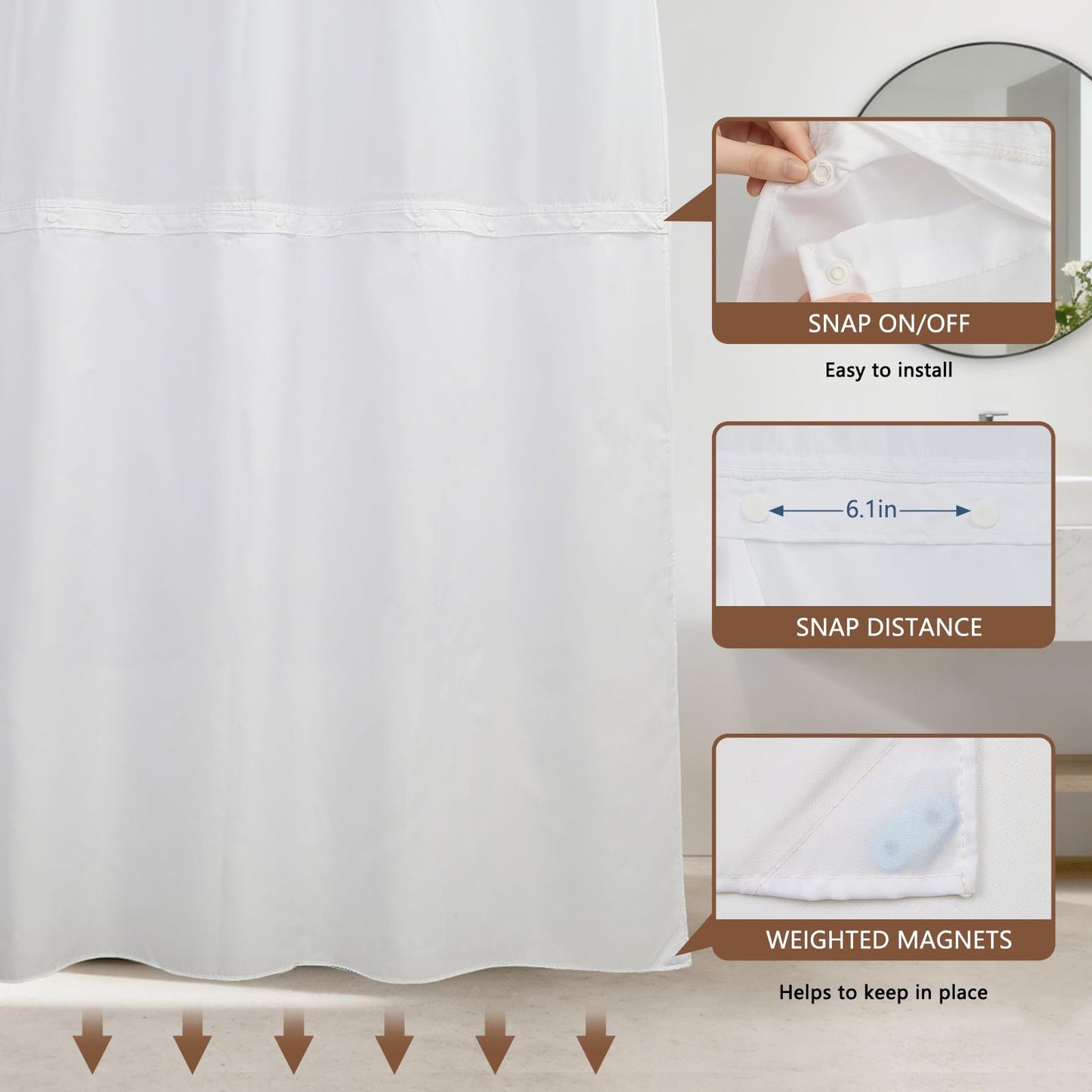 NAEMBCU No Hook Waffle Shower Curtain with Snap-in Liner 71x74 Inch