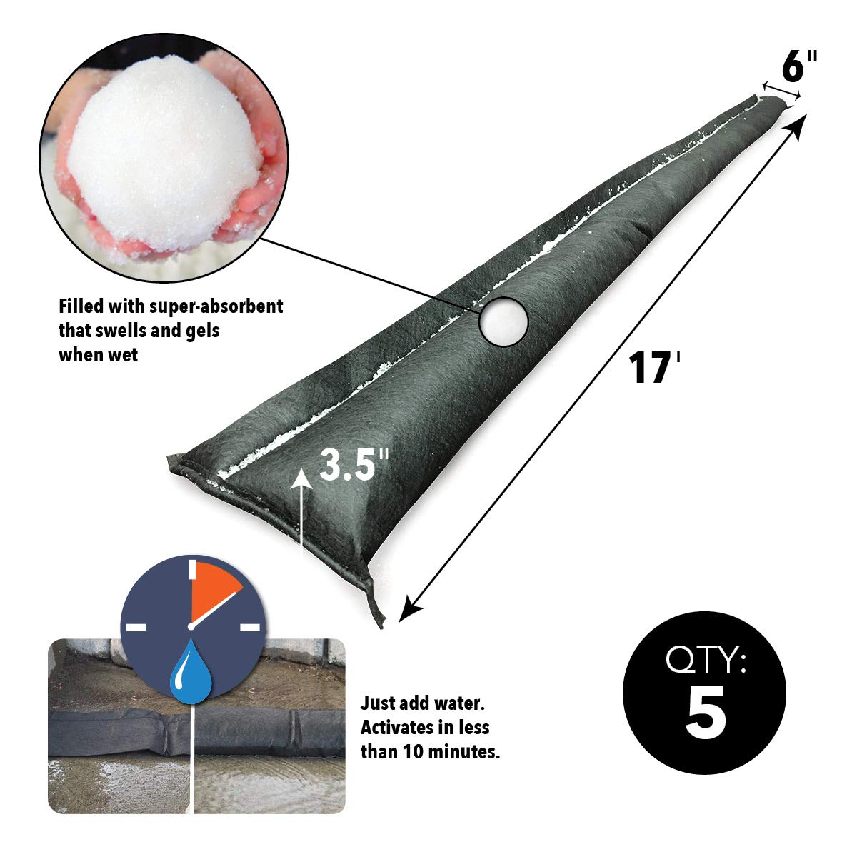 Quick Dam Water Activated 17ft Flood Barriers, Reusable Water Absorbers for Diverting Water, Protects from Rain, Spills, Leaks, Floods & More, 5 Pack
