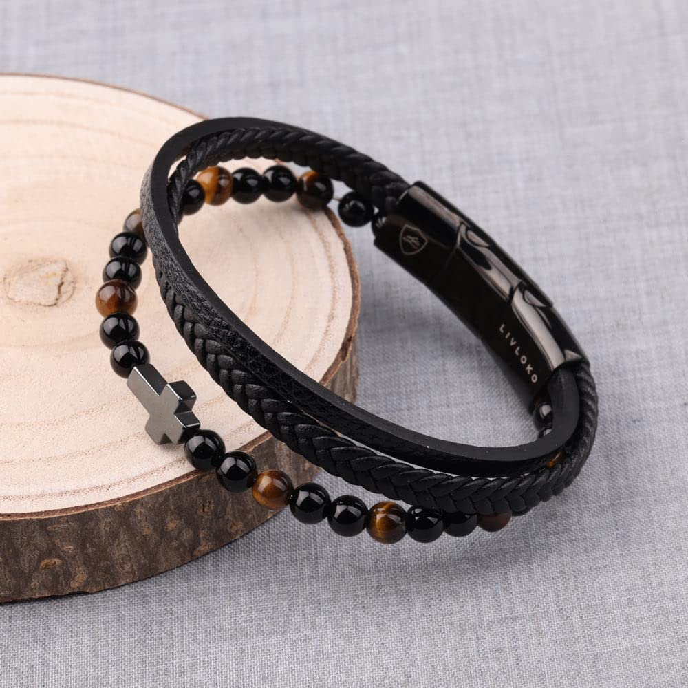 LIVLOKO Mens Bracelet Leather Black Multi-Layer Tiger-Eye Beaded Bracelet for Men Magnetic Clasp Rope Wristband Mens Gift for Boyfriend