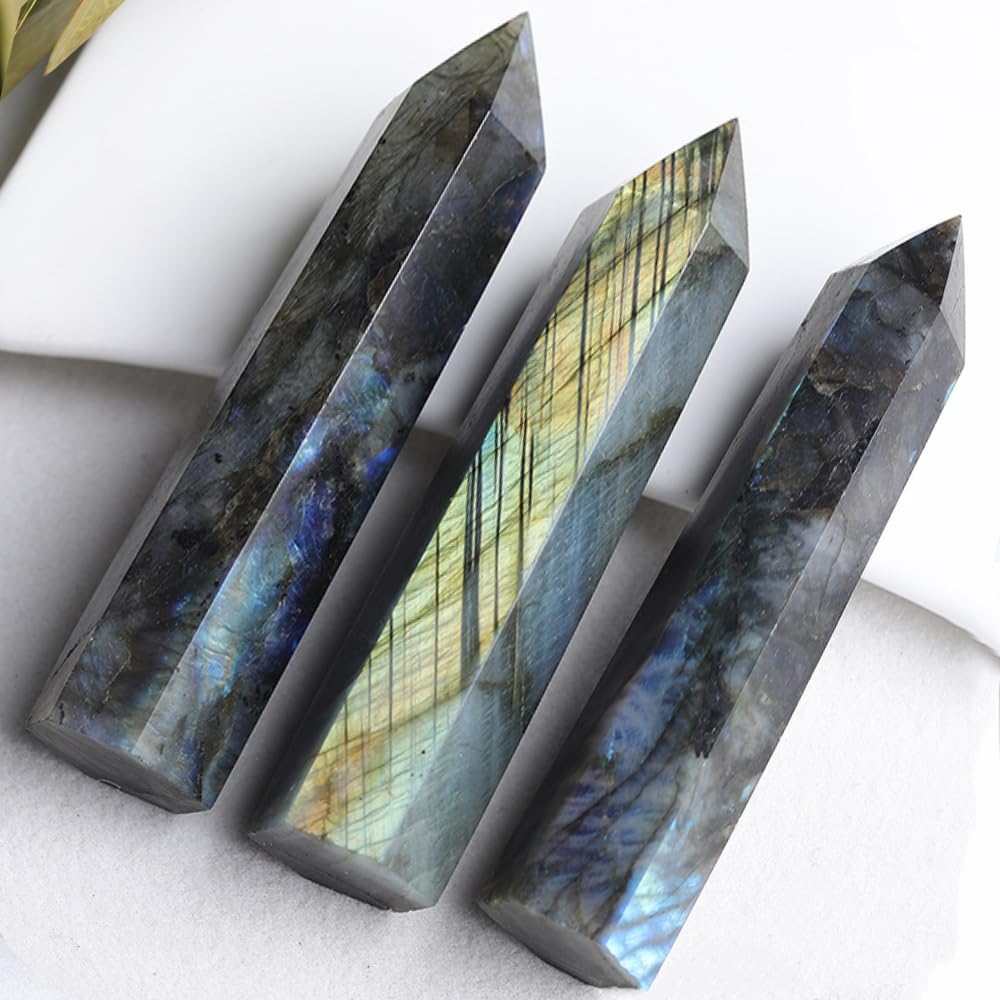 AierCrystal 2pcs Natural Crystal Point Wand Set,Hand-Finely Polished,Meditation Healing Purification,Full-Scenario Decoration Display for Home Office,Holiday Gifting(15cm Big Wand 2pcs Labradorite)