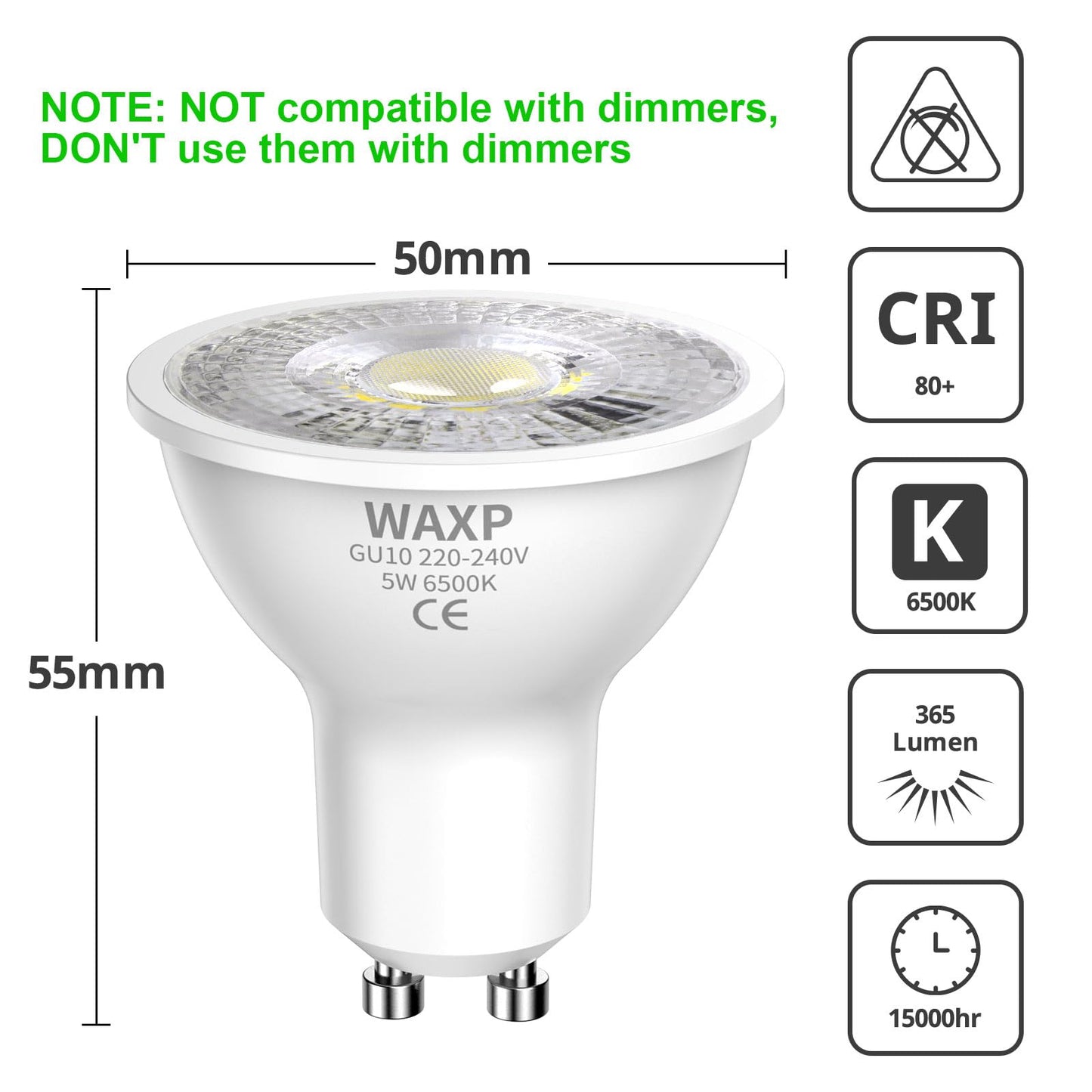 GU10 LED Spotlight Bulbs 5W, Cool White, 6500K, 365lm, No Flickering, Energy Saving Led Bulbs, Equivalent 40-50W GU10 Halogen Spot Light Bulbs, Non-Dimmable,10 Pack