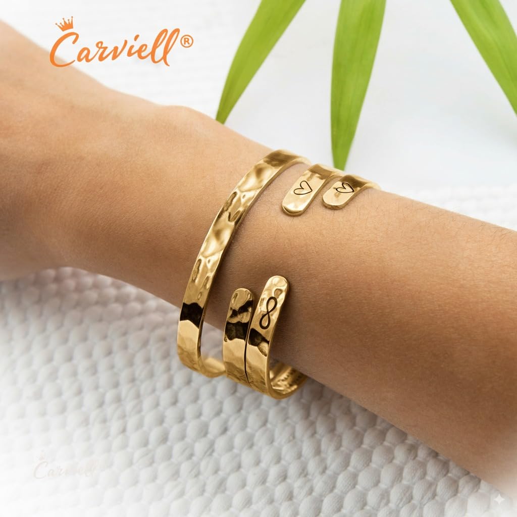 Carviell Bracelet – Gold Stainless Steel Cuff, “Sisters Are Forever Friends” Engraved Jewelry, Gift for Sister from Sister, Birthday, Christmas, or Friendship Present