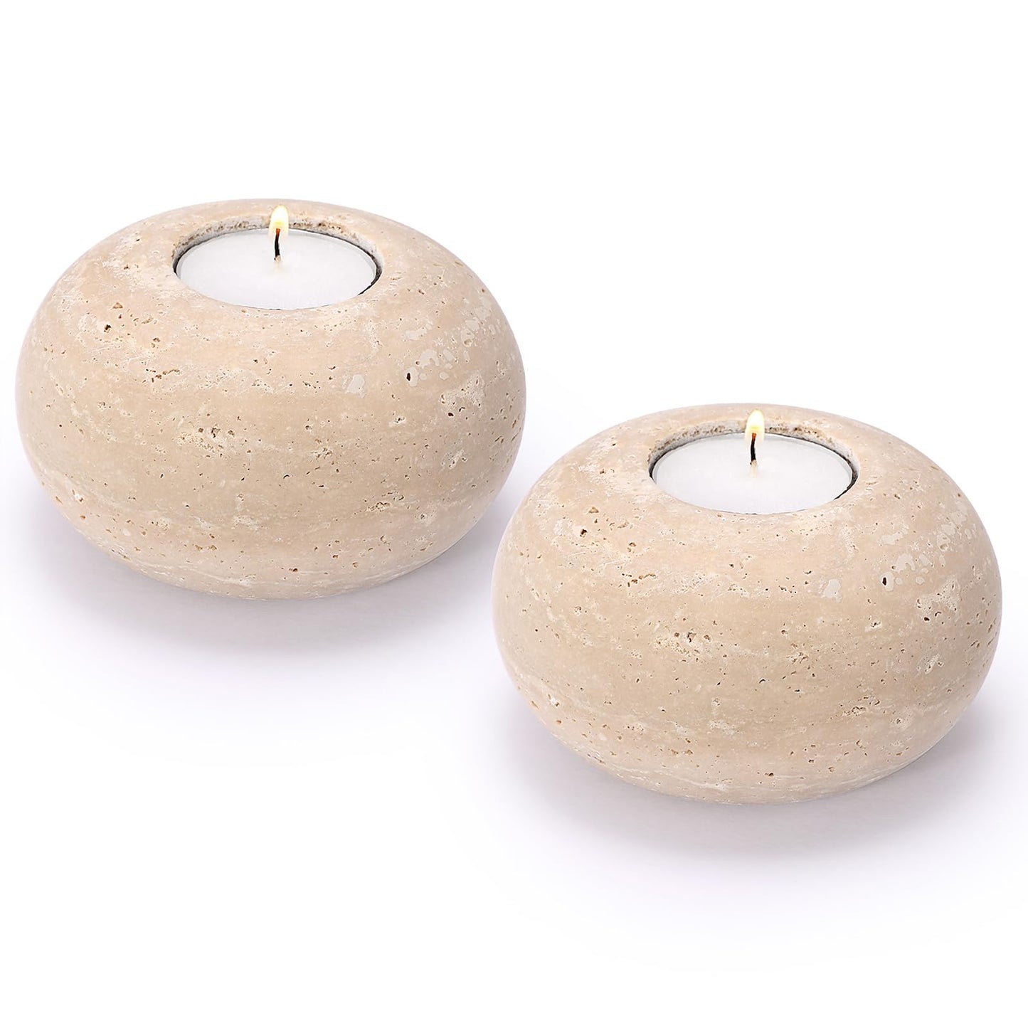 OwnMy 2PCS Travertine Candle Holders Decorative Stone Tealight Candle Holders Set, Elegant Travertine Votive Candle Stands for Dining Table Centerpieces Wedding Home Decors, 4" Dia x 2.2" H