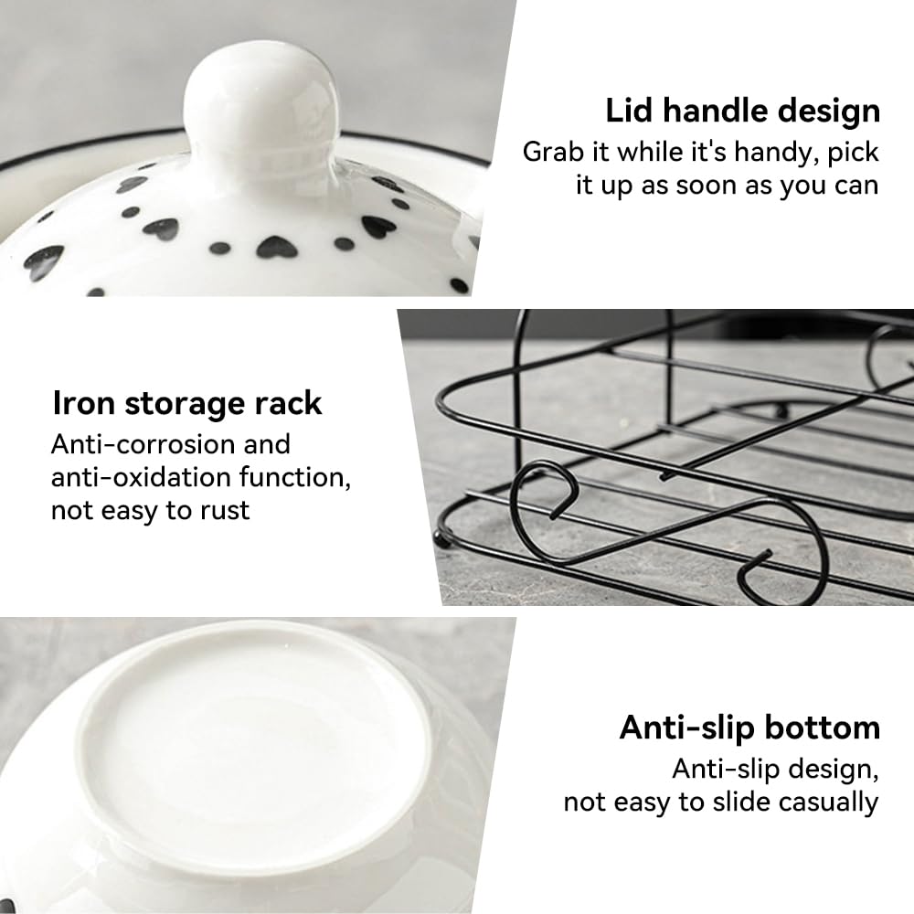 Ceramic Spice Jars Porcelain Condiment Jars Set with Spoon and Lid Condiment Pots for Salt, Sugar, Pepper Seasonings Set of 3 (Black Tabletop Rack)