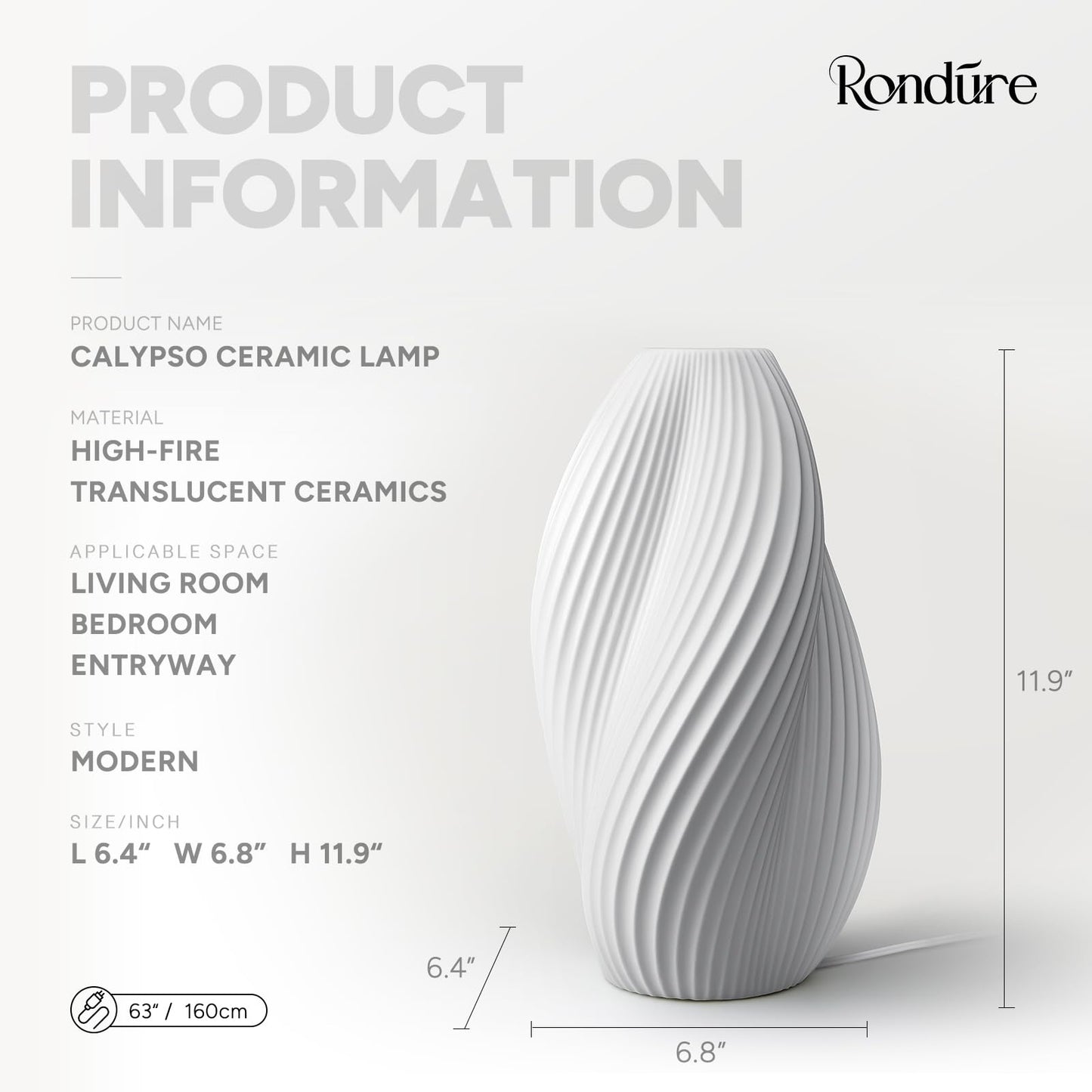 RONDURE 11.9" Modern Ceramic Table Lamp, Fully Dimmable Bedside Lamp for Bedroom Living Room Nightstand, White Translucent Ceramic Shade, Warm Ambient Decorative Corded Lighting, Bulb Included