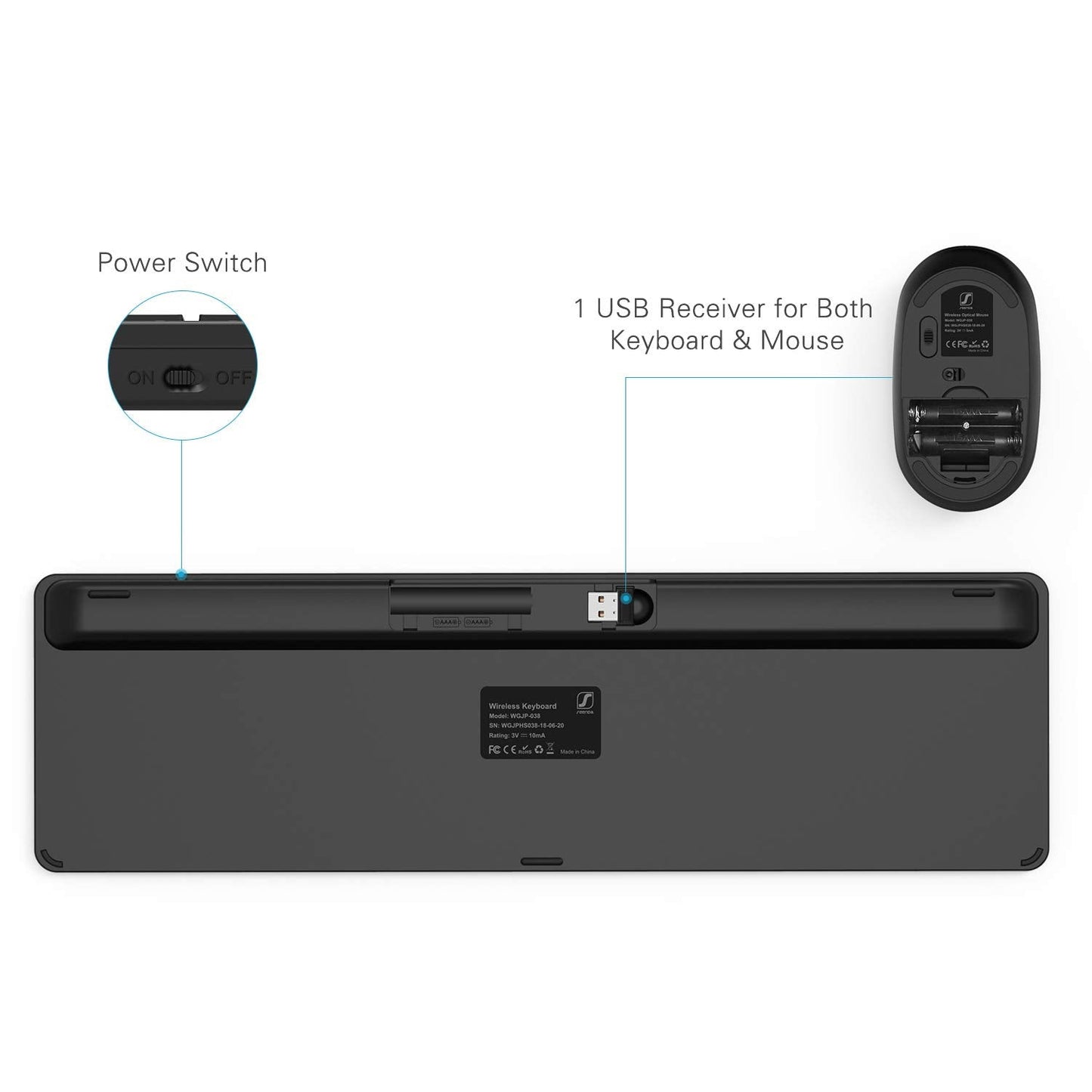 seenda Wireless Keyboard and Mouse Set, SK38 Ultra Slim Quiet USB Wireless Keyboard and Mouse Full Size QWERTY UK Layout with Numeric Keypad for Windows PC, Laptop, Computer, Black