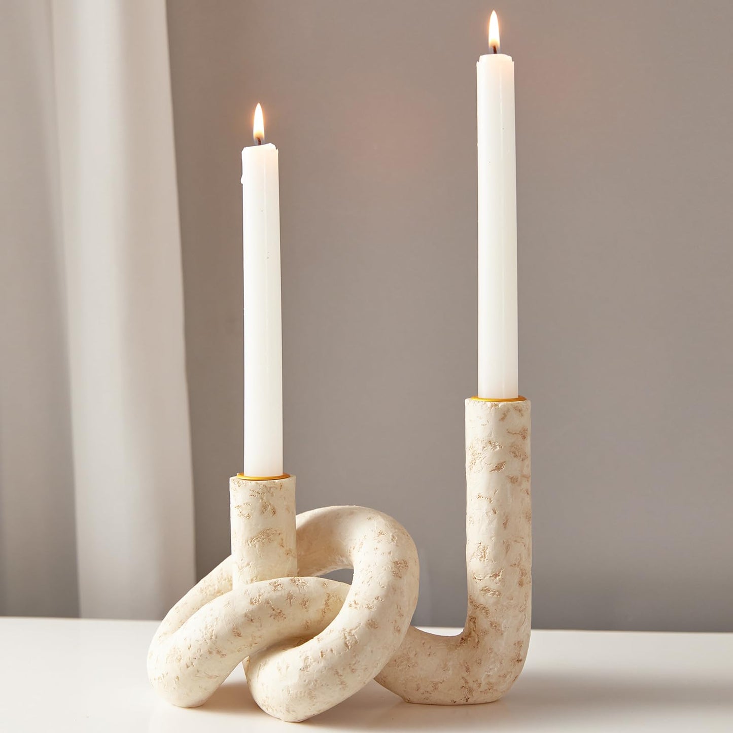 DN DECONATION Knot Shaped Taper Candle Holders - Travertine Resin Candlestick Holders, Candle Sticks Holder Boho Farmhouse Decor Coffee Table Centerpiece for Living Room Fireplace Wedding