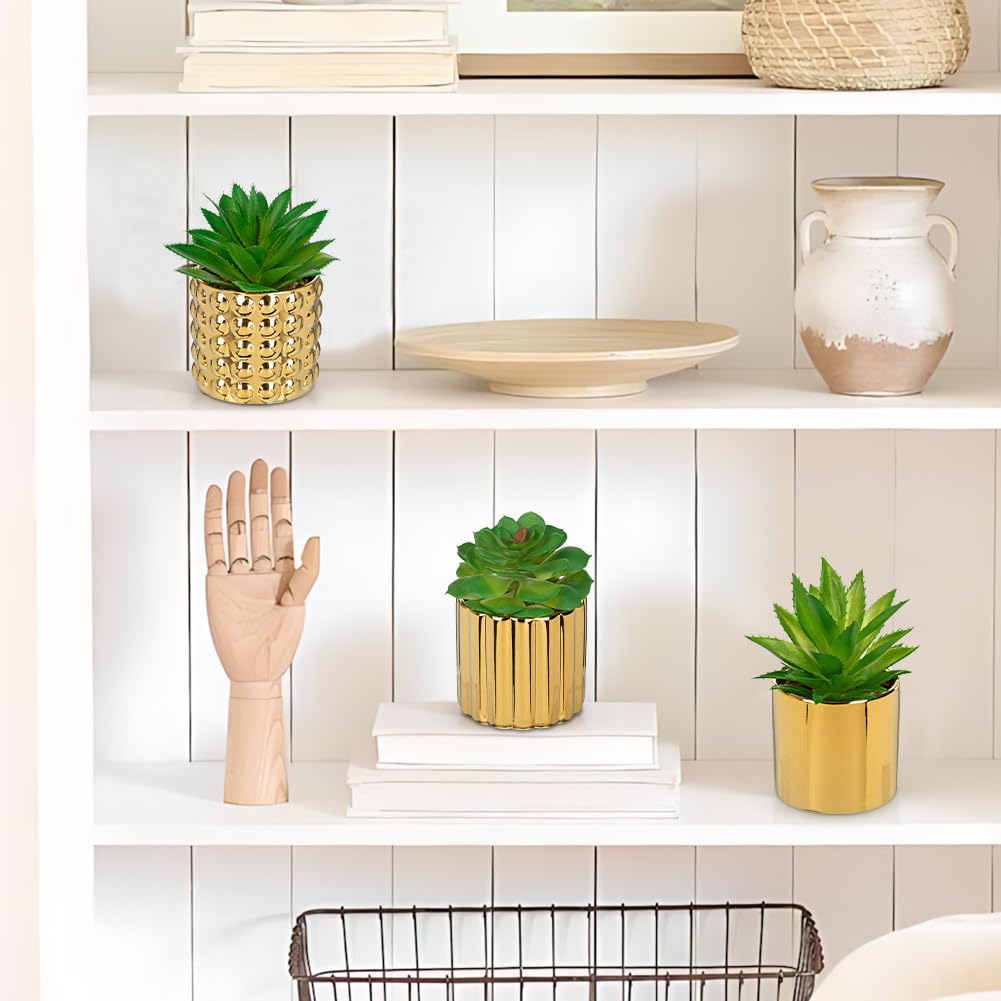Briful Succulents Plants Artificial in Gold Ceramic Pots (Set of 3), Small Fake Plants for Home Office Desk Decor – Modern Mini Potted Succulents for Bathroom, Bedroom, Living Room Table, Shelf