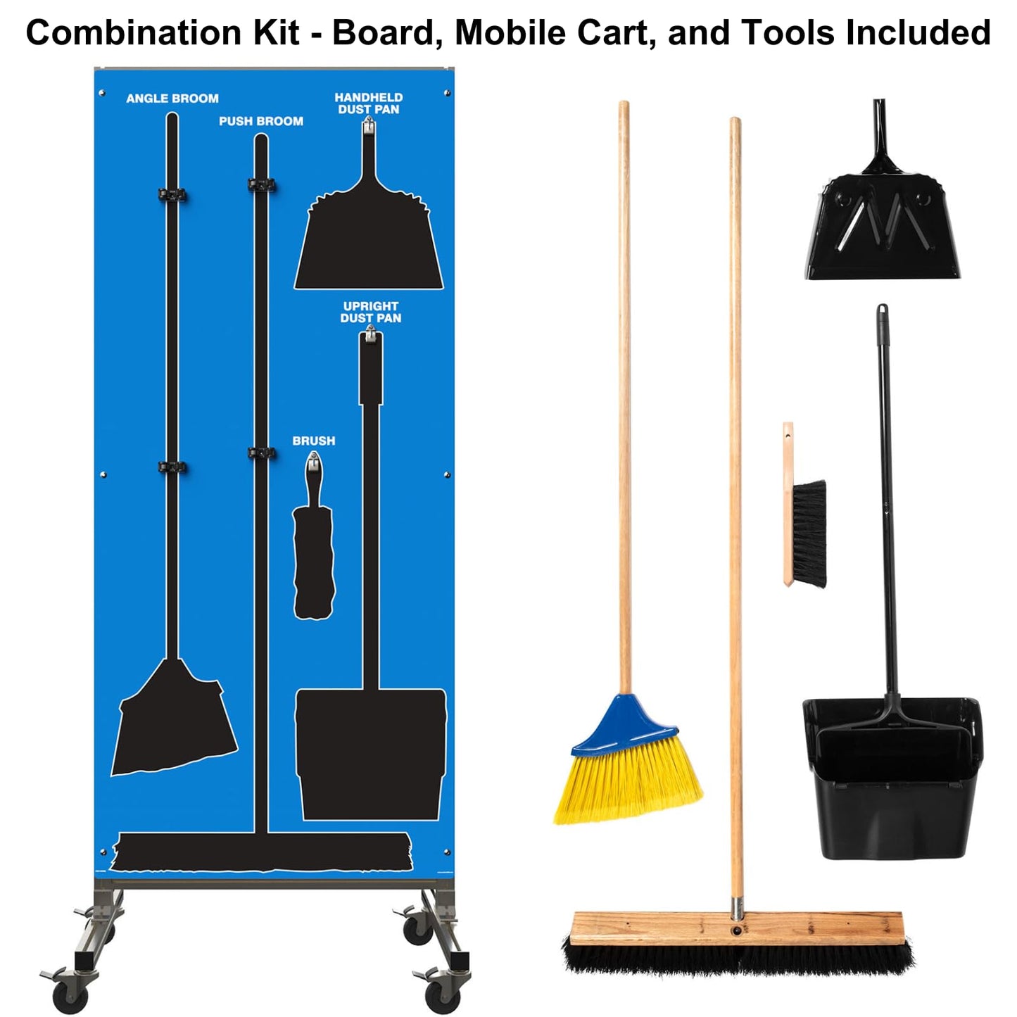 Clean & Sweep 5S Shadow Board/Mobile Cart Broom Holder, 68" x 30" Board, 5S Cleaning Station - with Broom and Dustpan Set Included, Made in The USA by AccuformNMC, Blue/Black, PSX616BUBK