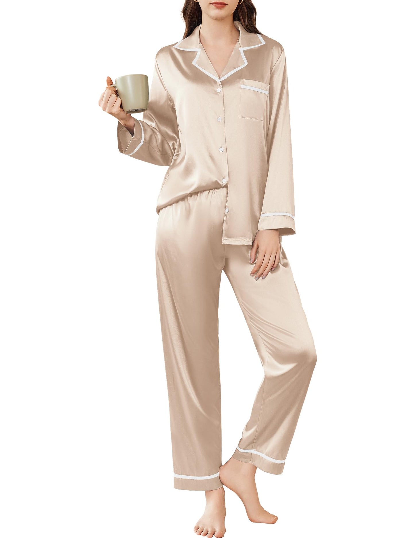 Ekouaer Satin Pajamas Set for Women Long Sleeve Pants Pj 2 Piece Lounge Set