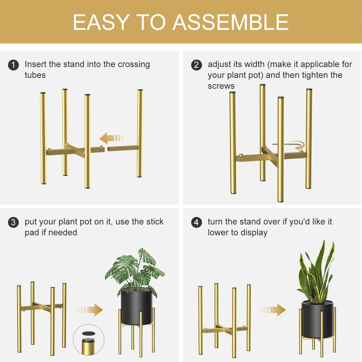 H HOMEXIN Metal Plant Stands for Indoor Plants Adjustable for 8 9 10 11 12 inches Planter Mid Century Stable Stylish Corner Plant Stand for Outdoor, Gold 1Pack, Pot not Included
