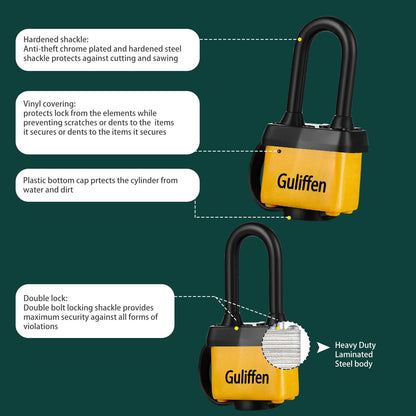 Guliffen Weatherproof Laminated Steel Padlock with Same Key, Outdoor Padlock with Long Shackle for Gate, Fence, Shed,Garage, 6 Pack