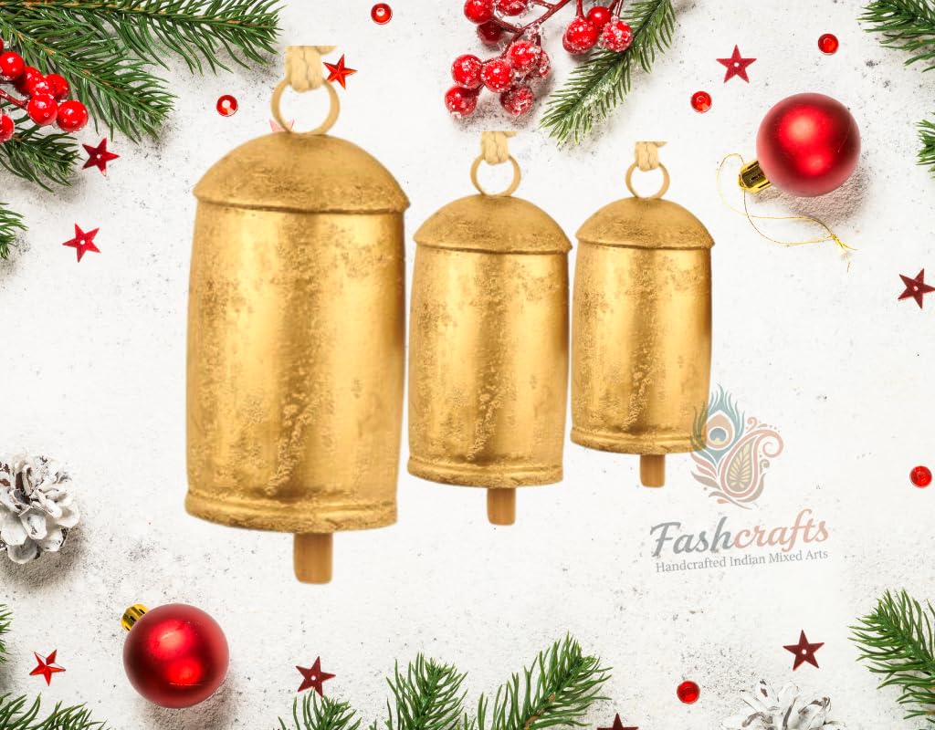 Set of 3 Large Giant Harmony Rustic Gold Christmas Bells for Decoration Perfect for Cow Bell, Door Hanging, Staircase, Wall Decorative Bells