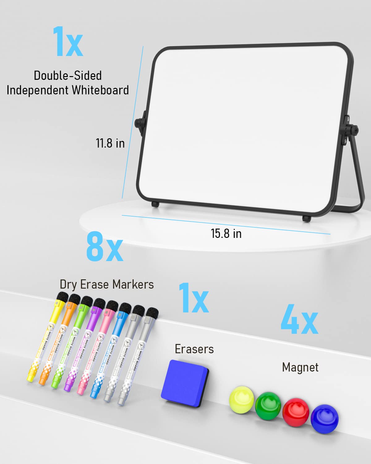 Nicpro Dry Erase Small Whiteboard A3 with Non-Slip Stand, 30 x 40 cm Double Sided Magnetic Desktop White Board with 8 Pens, Eraser, Magnet, Portable Writing Easel for Kid Drawing Student Classroom Use