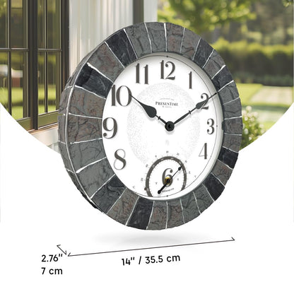 Presentime & Co 14" Illuminated in/Outdoor Clock with Smart Sensor and Night Light, Waterproof, Large Wall Clock with Thermometer, for Garden and Patio -Faux Slate.
