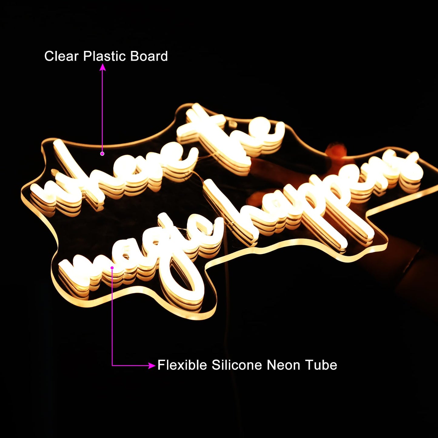 Neonawall Where The Magic Happens Neon Sign Led Light Up Signs for Wall Decor Usb Powered Letter Neon Light Signs for Bedroom Wedding Decor Birthday Party Shop Man Cave 22 x 13''(Warm White)