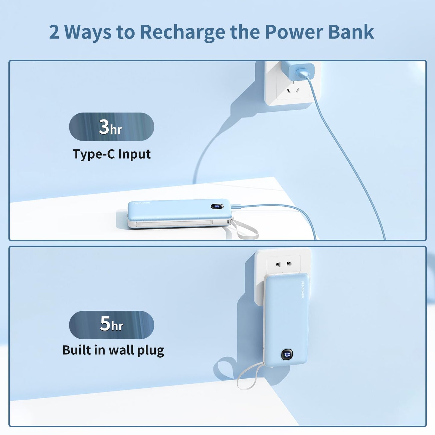 Portable Charger with Built-in Cables&AC Wall Plug,Slim 10000mAh 22.5W Fast Charging Power Bank,5 Output 2 Input USB-C External Battery Pack Compatible with iPhones,Samsung,Android, etc