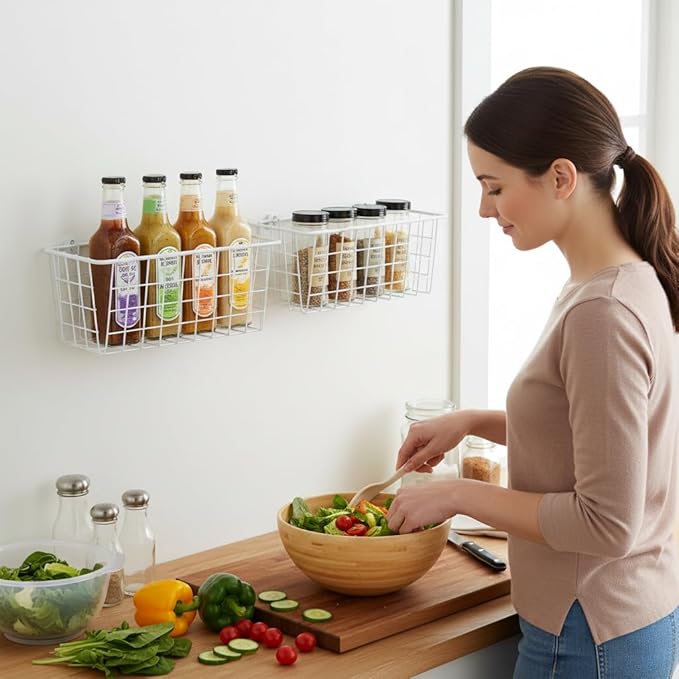 2 Set LeleCAT Hanging Wall Basket Organizer Over the Cabinet Door Adhesive Wire
