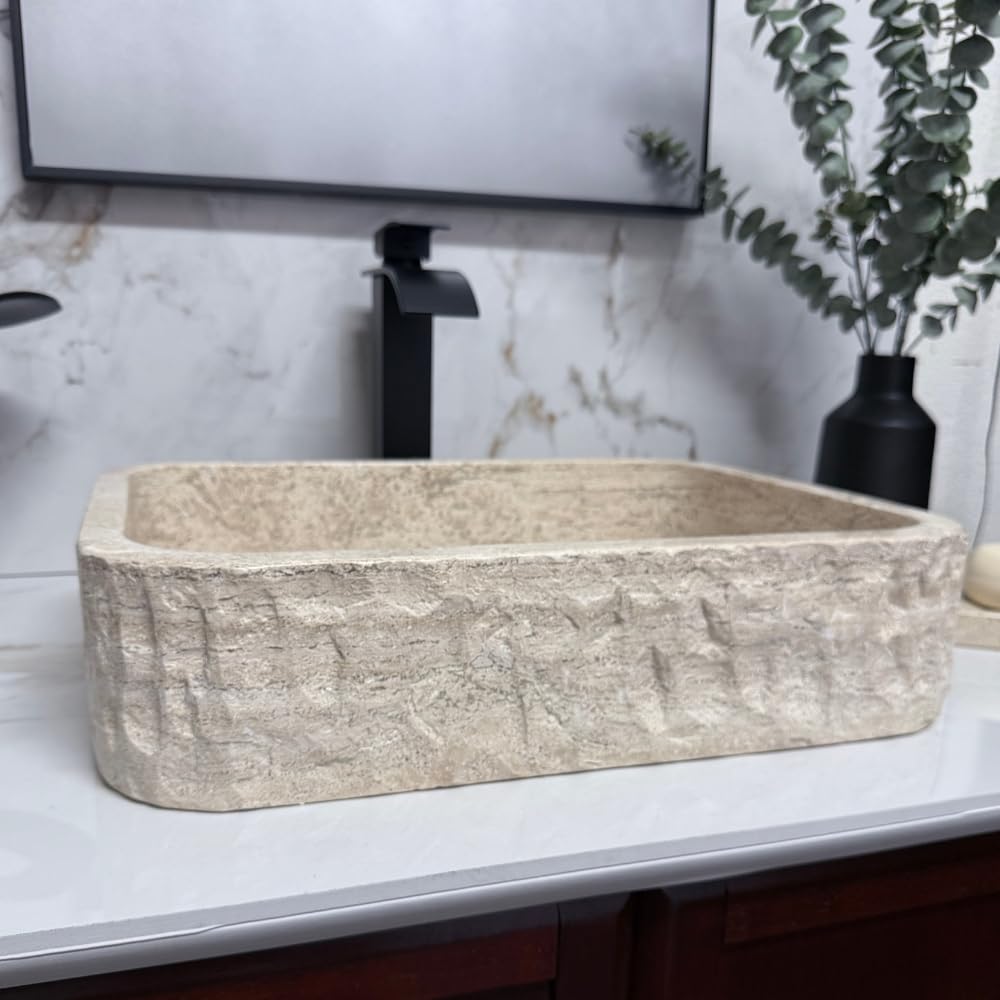 Shades of Nature Rectangular Travertine Vessel Sink, Natural Stone Wash Basin, Hand-Carved Bathroom Sink, Chiseled Exterior, Polished Interior, Above Counter Vanity (Soap Tray Included)
