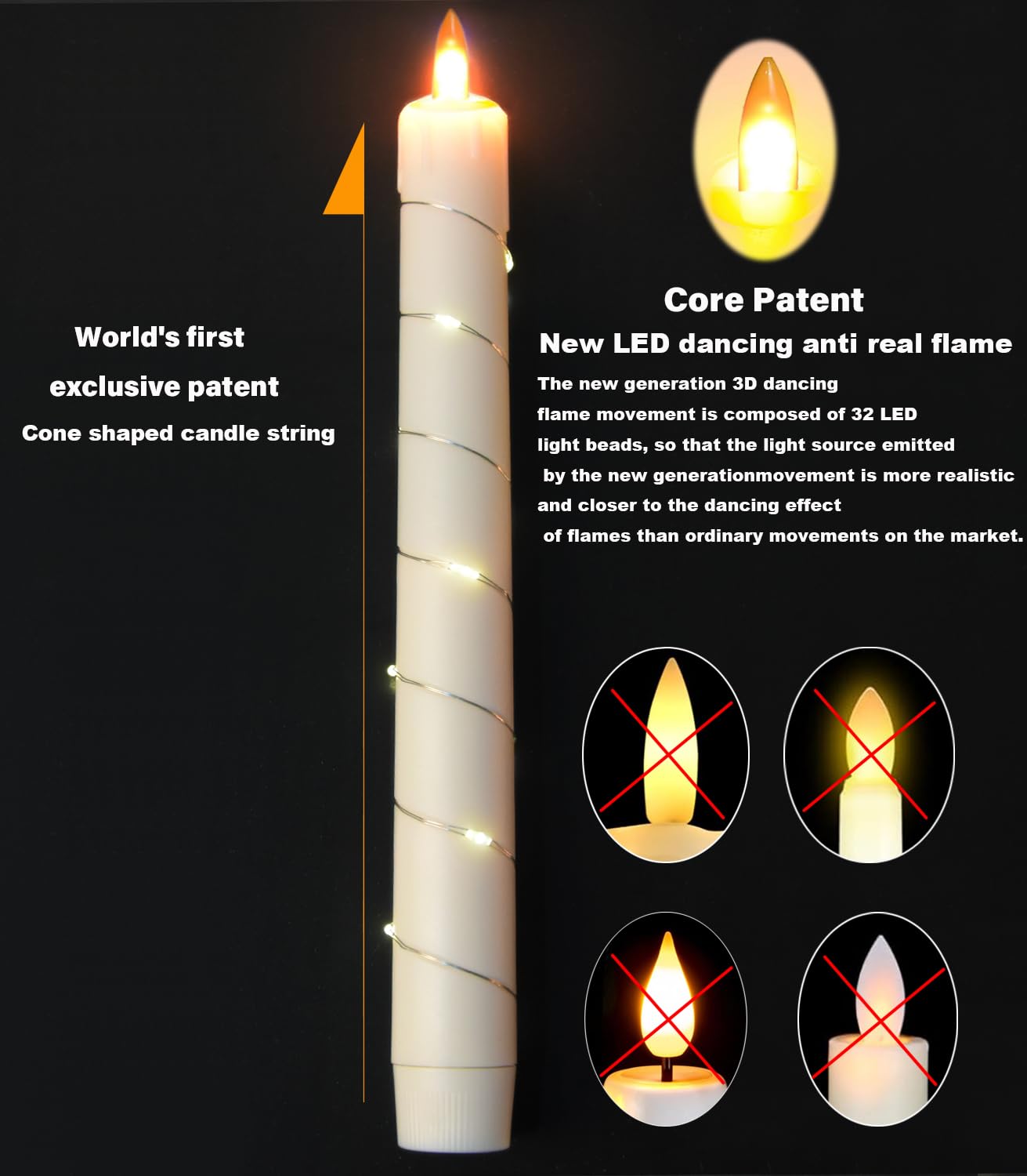 danip flameless Cone Candle, Patented Starlight String, with 11 Timing Key Remote Control, Battery Powered, Patented Simulated Flame, 6 Packs (Ivory Color)