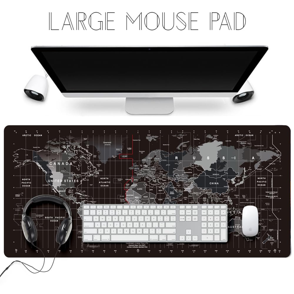 HGWALP Large Gaming Mouse Pad Black World Map Mouse Pad with Anti-Slip Rubber Base, Extended XXL Long Keyboard Pad Big Mouse Pads for Desk,31.5 X 11.8 Inch