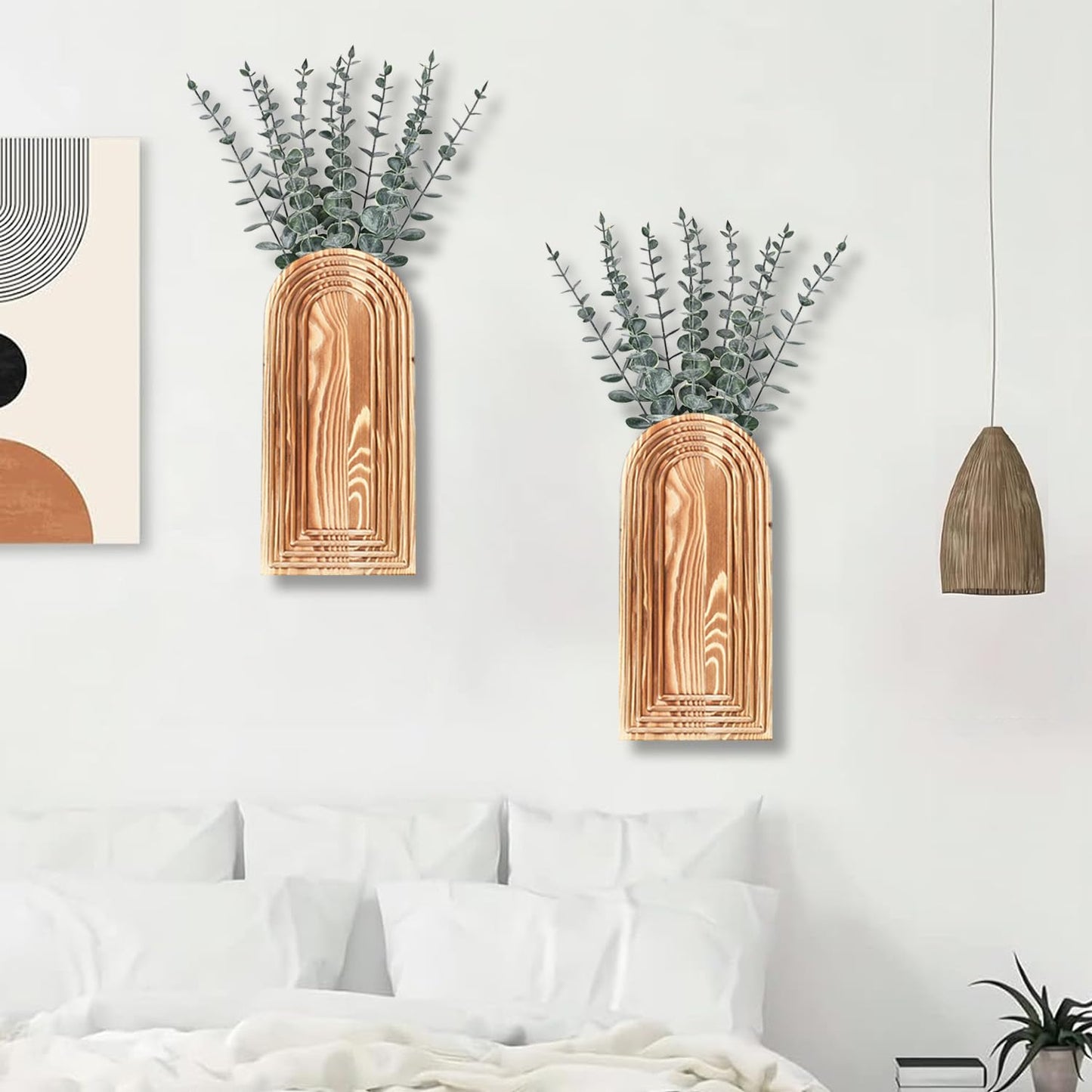 Dnnnii 2 Pack Wooden Wall Vase Set - Brown Finish Modern Farmhouse & Boho Wall Decor for Entryway, Hallway, Bathroom, Living Room, Dining Room, Narrow Spaces
