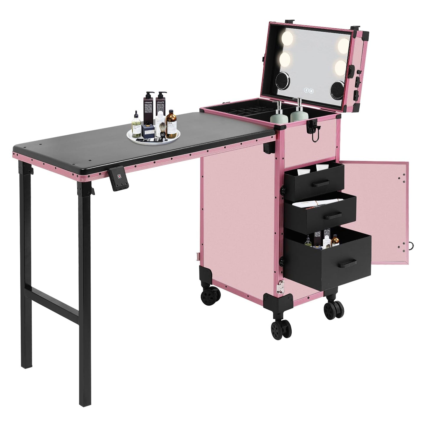 faoeqqEga 3 Tier Rolling Makeup Case w/Mirror, 110 Lbs Foldable Beauty Station w/Lighted Vanity, Aluminum Frame Travel Cosmetic Organizer for Stylist & Salon (Pink)