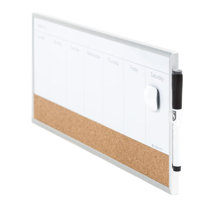 U Brands Magnetic Dry Erase Weekly Calendar Board With Cork Strip, 18"x7.5", Silver Aluminum Frame, Includes Magnet, Marker
