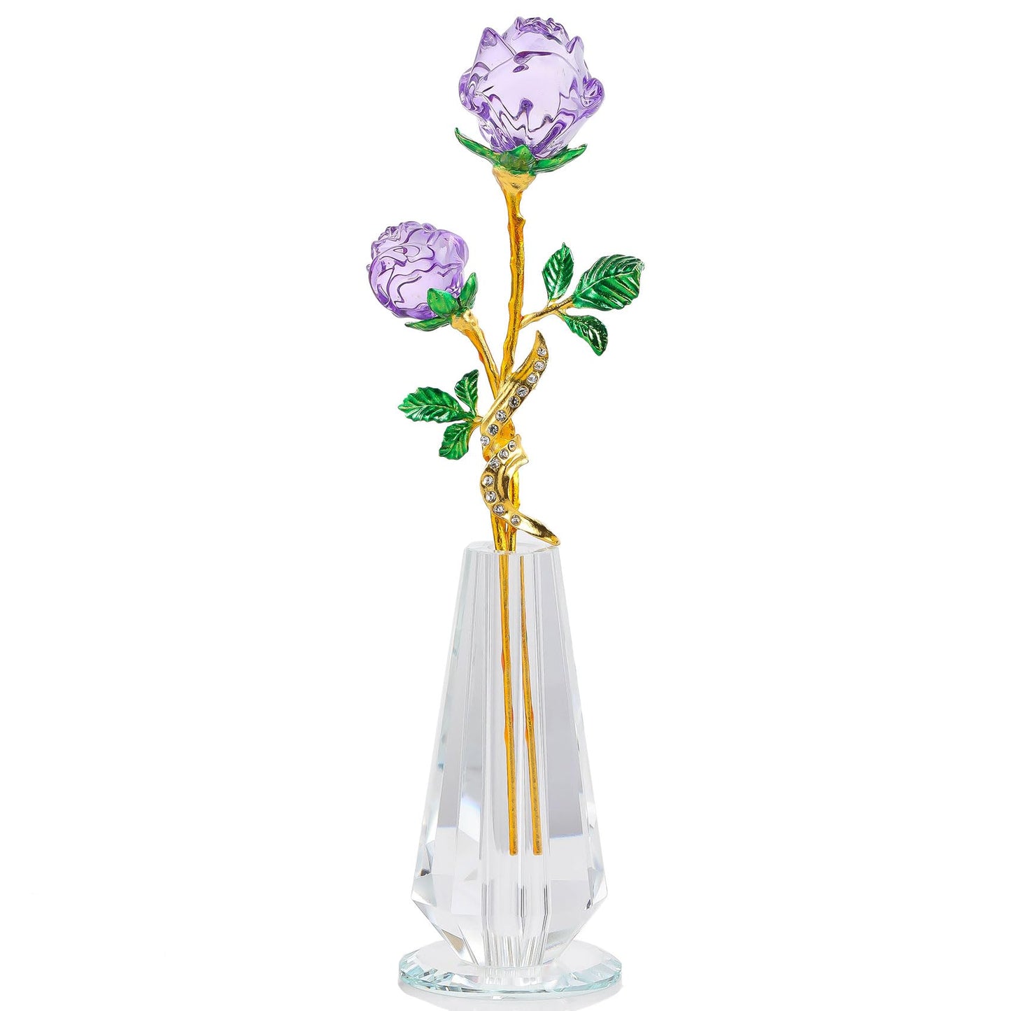 Rose Flower Crystal Figurine with Vase - Purple Bouquet Flowers Ornament Gifts for Wife Girlfriend Women - Handmade Crystal Flower Collectible Home Table Decor for Valentine Day Wedding Anniversary